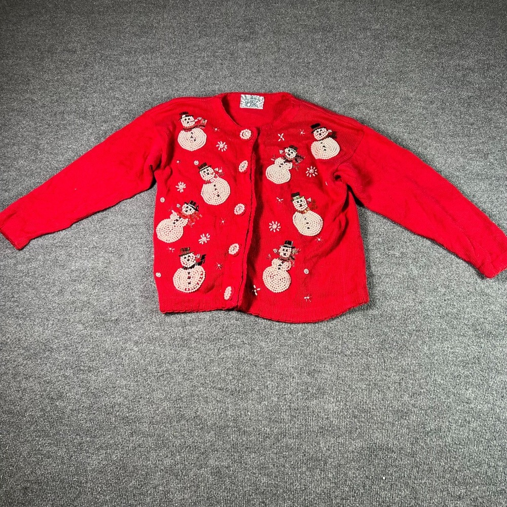 Vintage Libby Story Cardigan Sweater Womens One Size Red Beaded Pearl Snowman